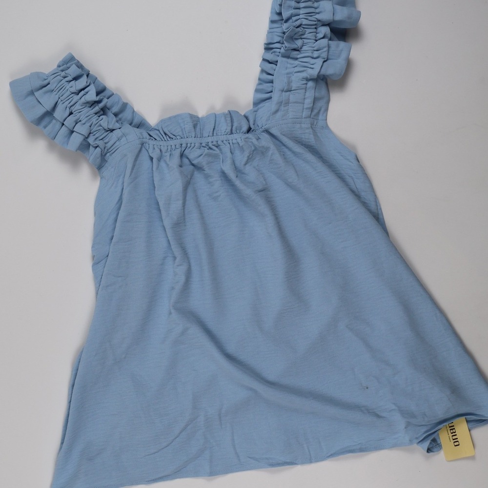 KFUBUO Tank Top Ruffle Shoulder Square Neck Blue Solid Medium NWT